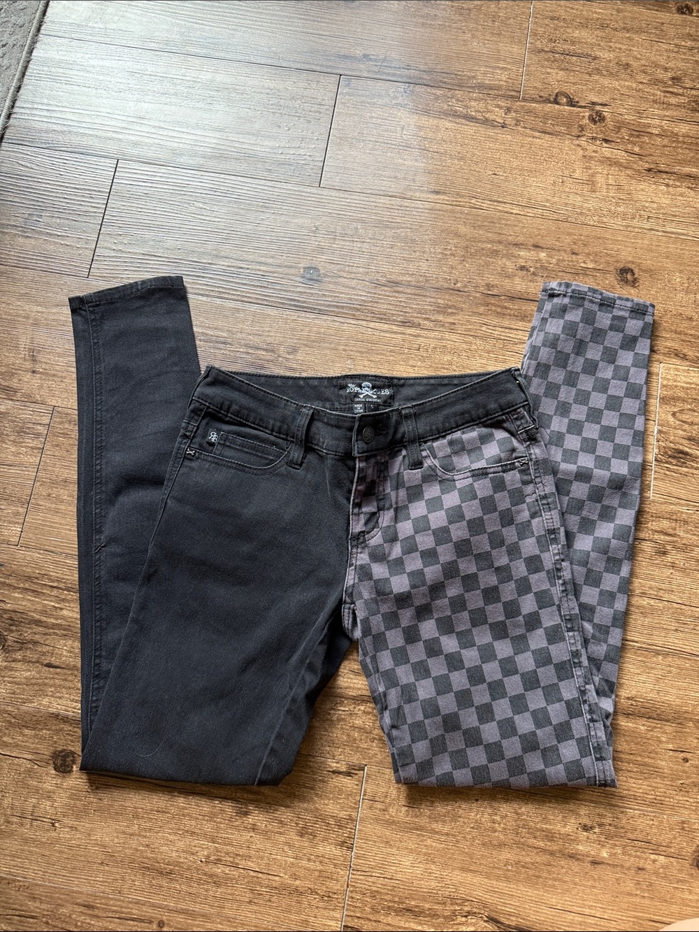 Royal Bones Half Black Half Checkered Skinny Jeans Split